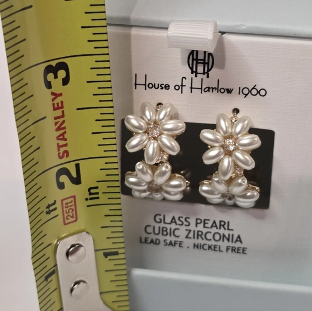 House of Harlow 1960 Gold and Pearl Flower‎ Hoop Earrings New